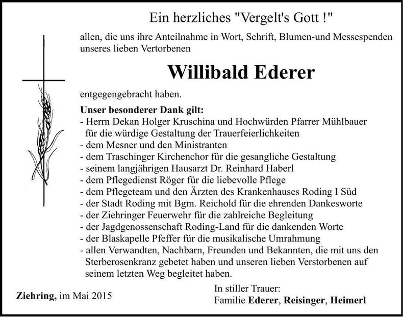 Traueranzeige Willibald Ederer