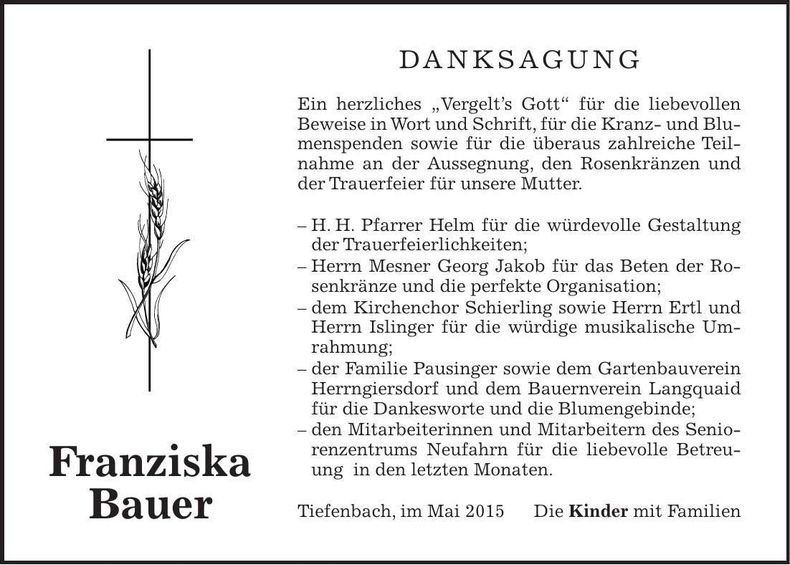 Traueranzeige Franziska Bauer