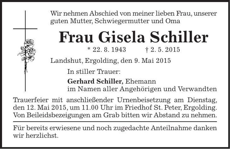 Traueranzeige Gisela Schiller