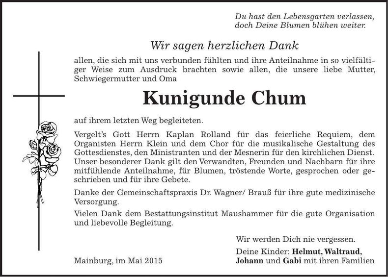 Traueranzeige Kunigunde Chum