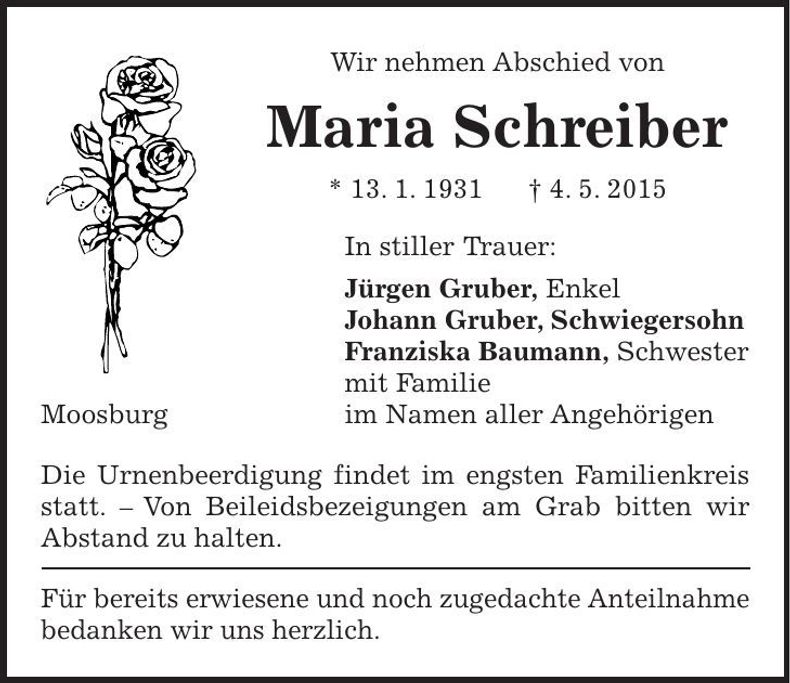 Traueranzeige Maria Schreiber