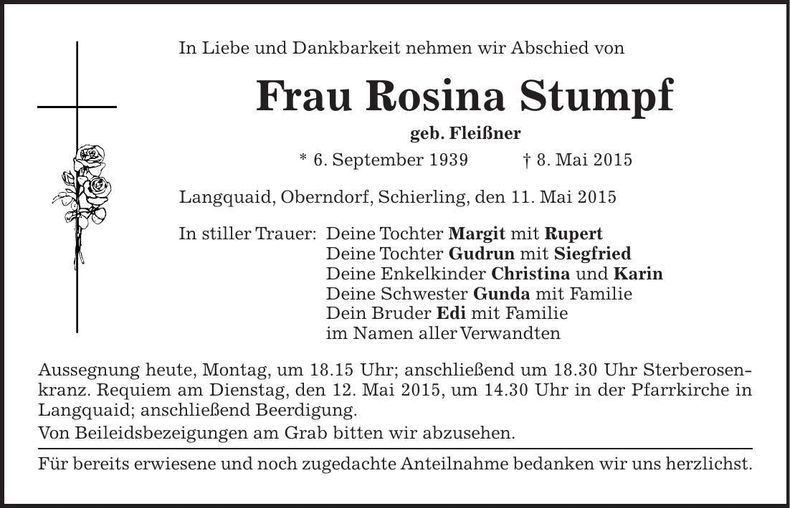 Traueranzeige Rosina Stumpf