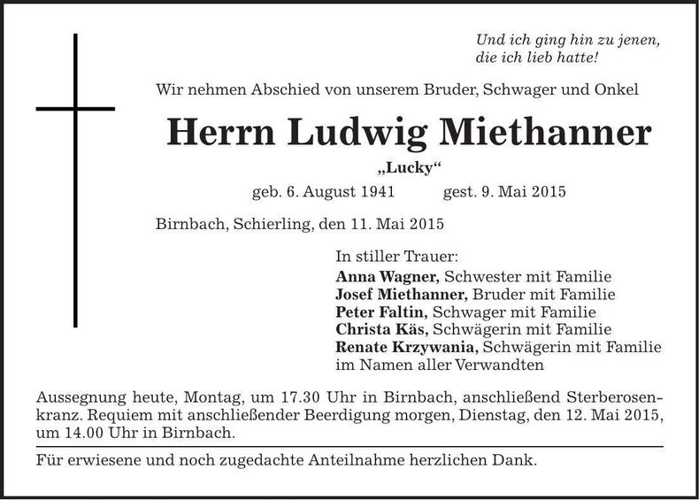 Traueranzeige Ludwig Miethanner
