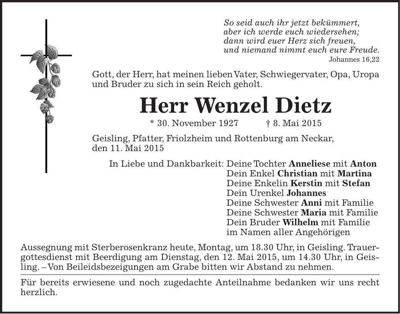 Traueranzeige Wenzel Dietz