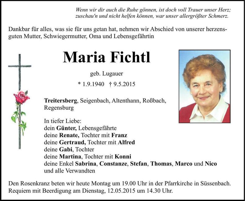 Traueranzeige Maria Fichtl