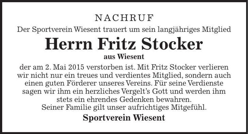 Traueranzeige Fritz Stocker