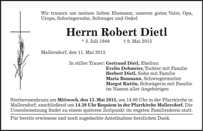 Traueranzeige Robert Dietl