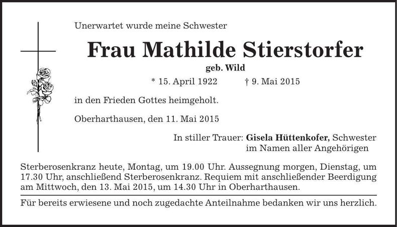 Traueranzeige Mathilde Stierstorfer