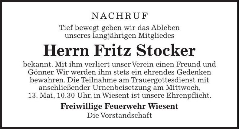 Traueranzeige Fritz Stocker
