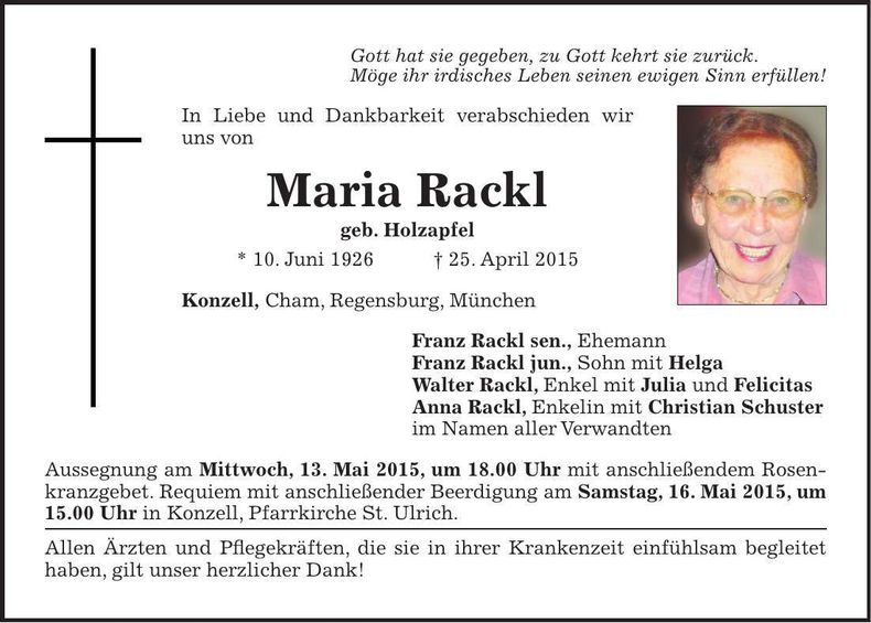 Traueranzeige Maria Rackl