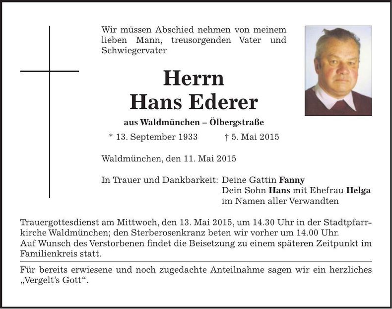 Traueranzeige Hans Ederer