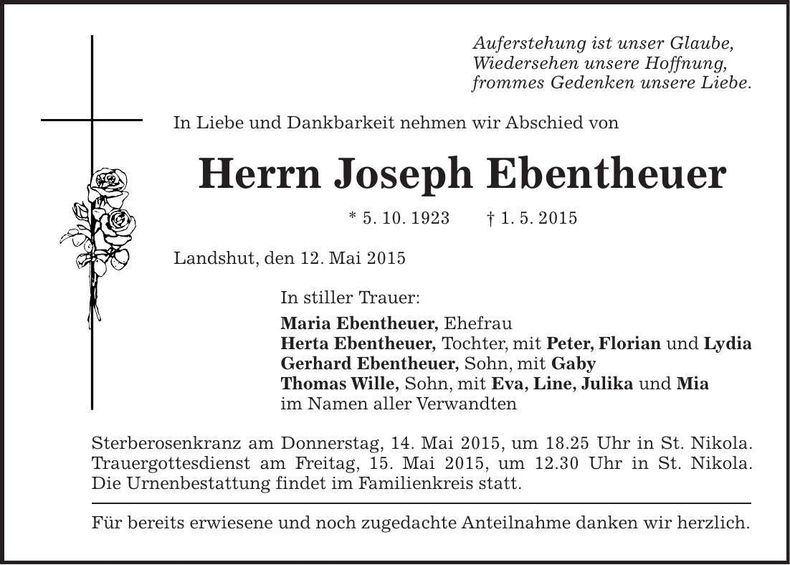 Traueranzeige Joseph Ebentheuer