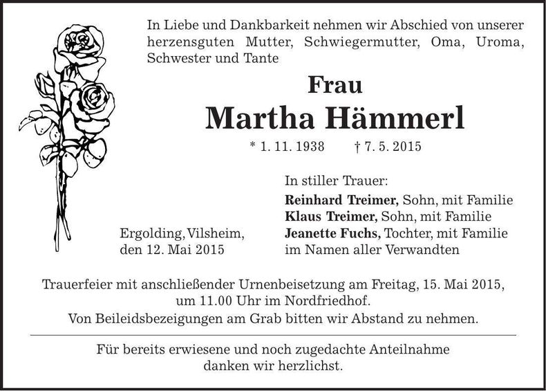 Traueranzeige Martha Hämmerl
