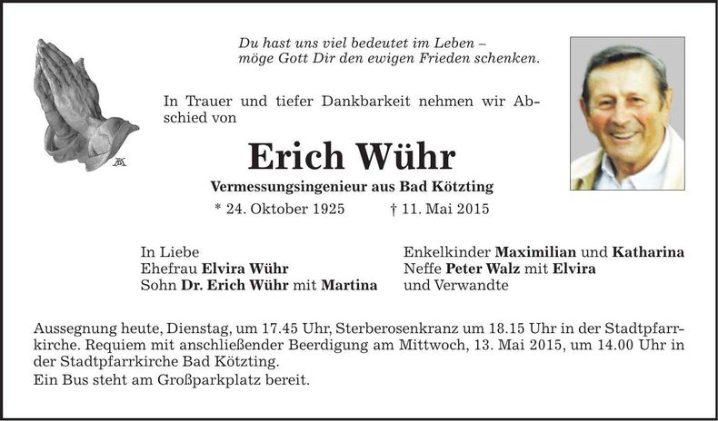 Traueranzeige Erich Wühr