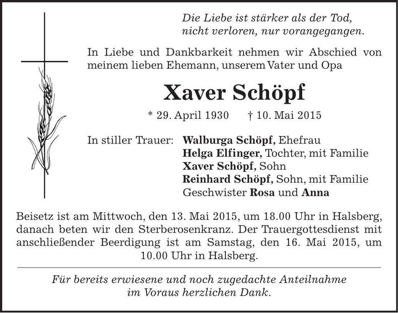 Traueranzeige Xaver Schöpf