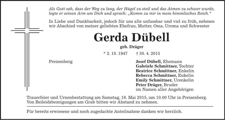 Traueranzeige Gerda Dübell
