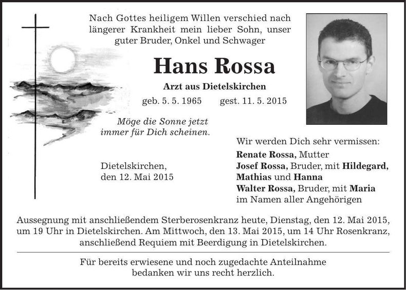 Traueranzeige Hans Rossa