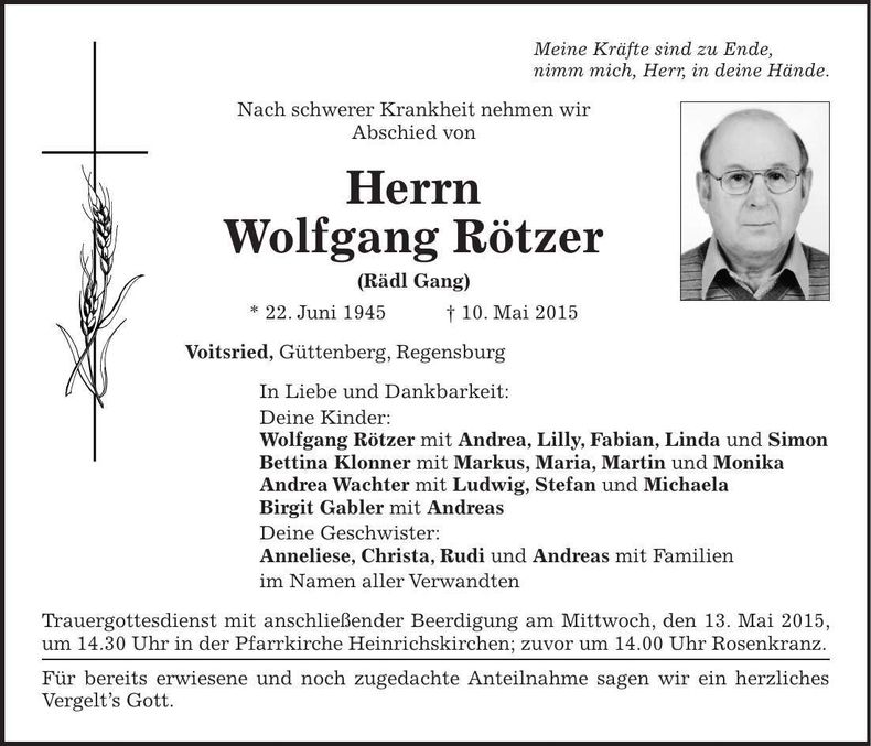 Traueranzeige Wolfgang Rötzer