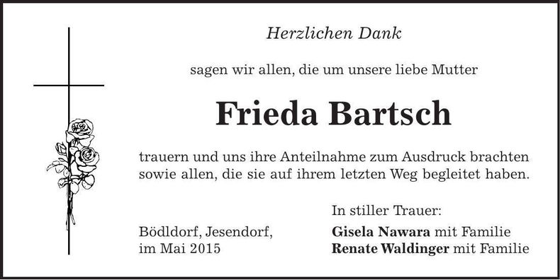 Traueranzeige Frieda Bartsch