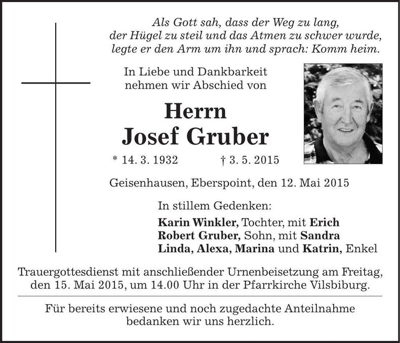Traueranzeige Josef Gruber