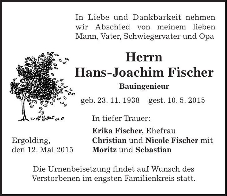 Traueranzeige Hans Joachim Fischer