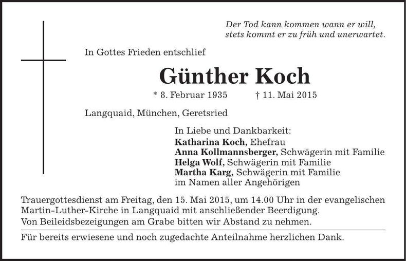 Traueranzeige Günther Koch