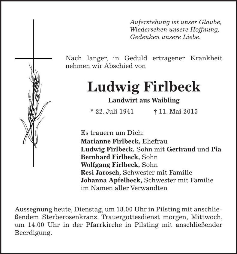 Traueranzeige Ludwig Firlbeck