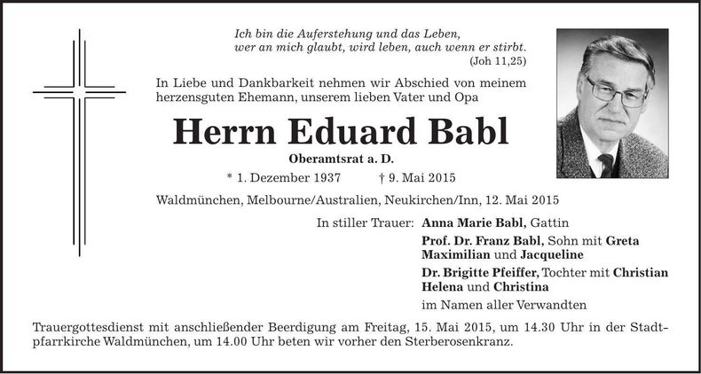 Traueranzeige Eduard Babl