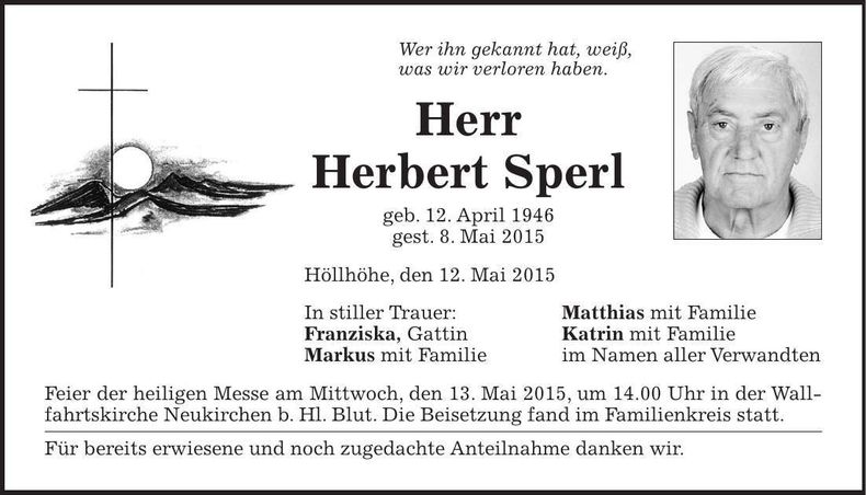Traueranzeige Herbert Sperl
