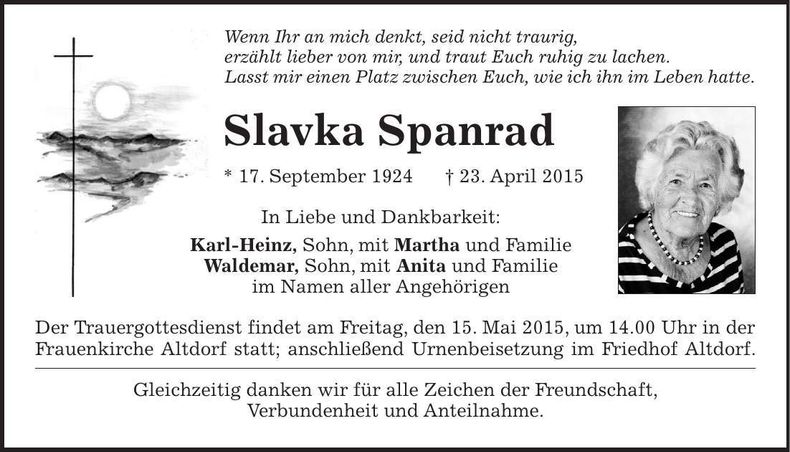Traueranzeige Slavka Spanrad