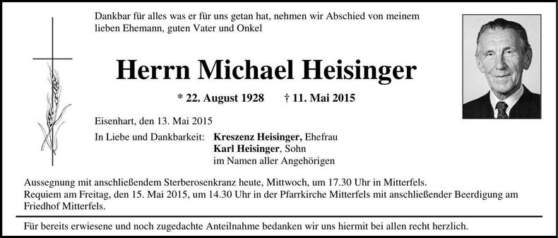 Traueranzeige Michael Heisinger