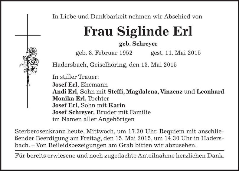 Traueranzeige Siglinde Erl