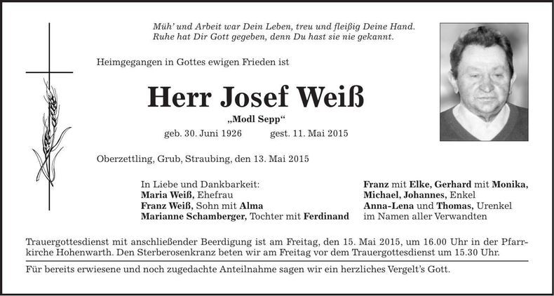 Traueranzeige Josef Weiß