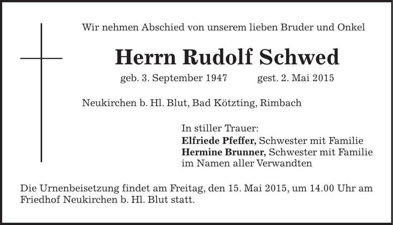 Traueranzeige Rudolf Schwed