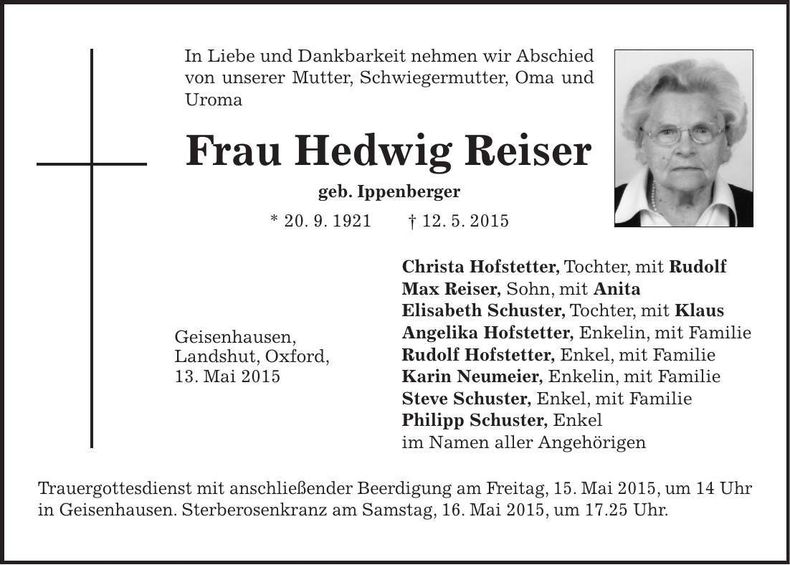 Traueranzeige Hedwig Reiser