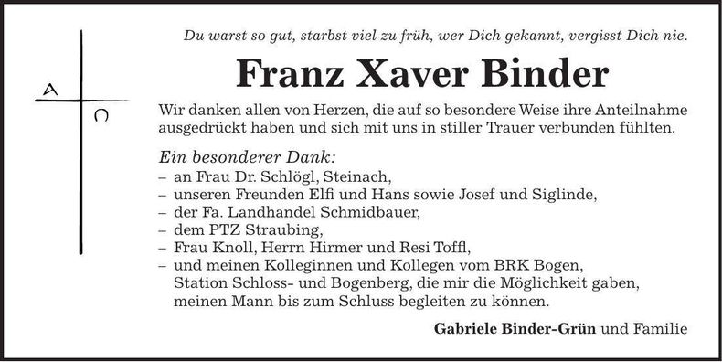 Traueranzeige Franz Xaver Binder