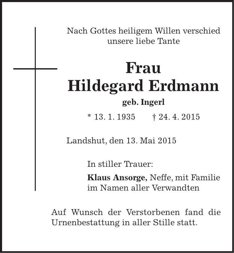 Traueranzeige Hildegard Erdmann