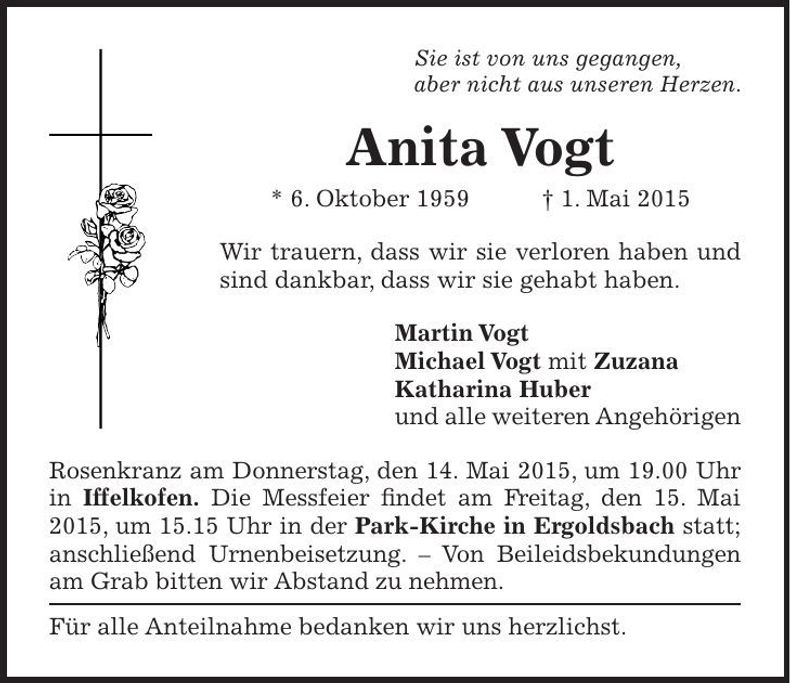 Traueranzeige Anita Vogt