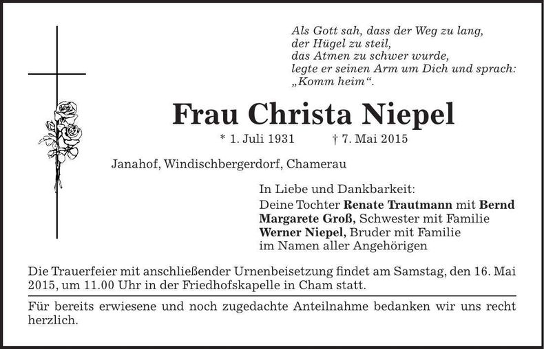 Traueranzeige Christa Niepel