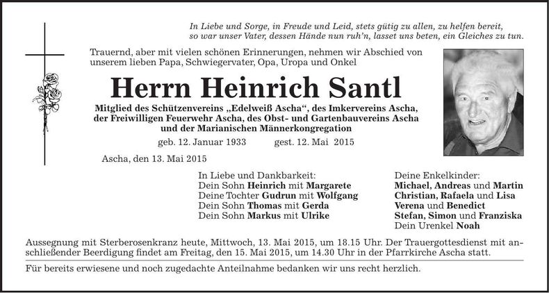 Traueranzeige Heinrich Santl