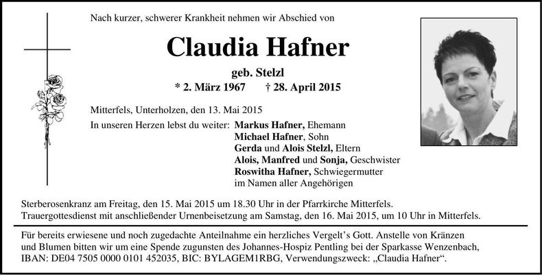 Traueranzeige Claudia Hafner