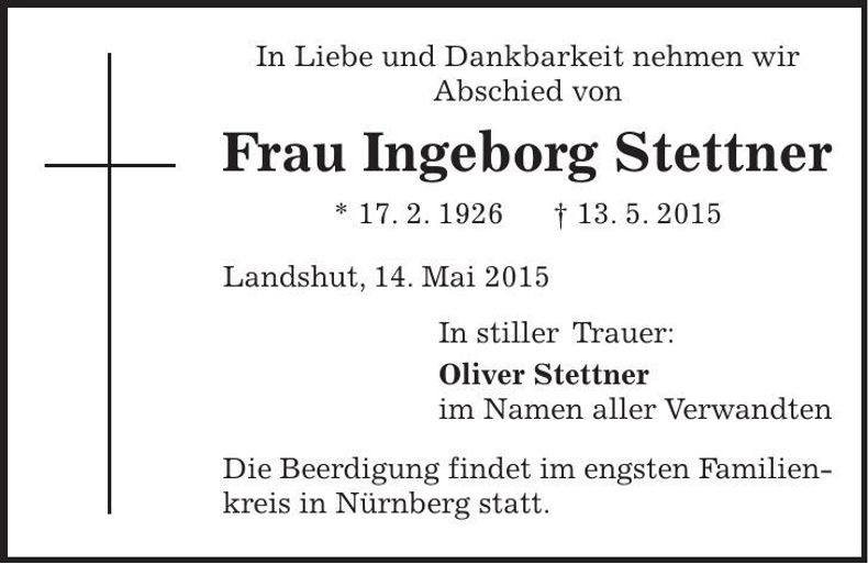 Traueranzeige Ingeborg Stettner