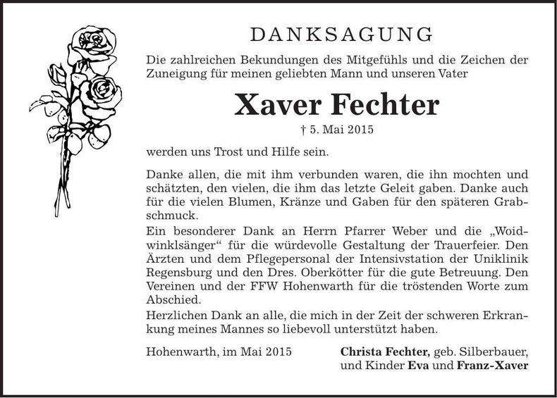 Traueranzeige Xaver Fechter