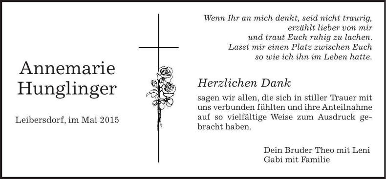 Traueranzeige Annemarie Hunglinger