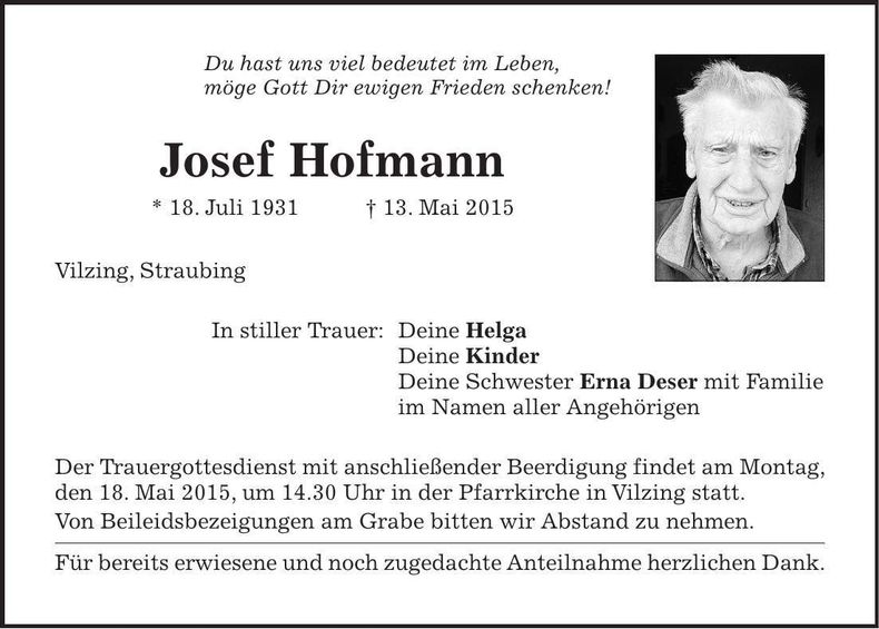 Traueranzeige Josef Hofmann