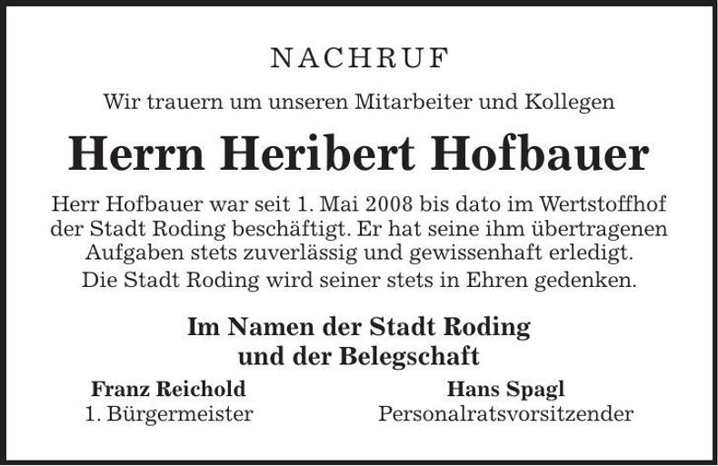 Traueranzeige Heribert Hofbauer