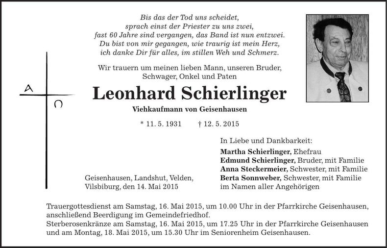 Traueranzeige Leonhard Schierlinger