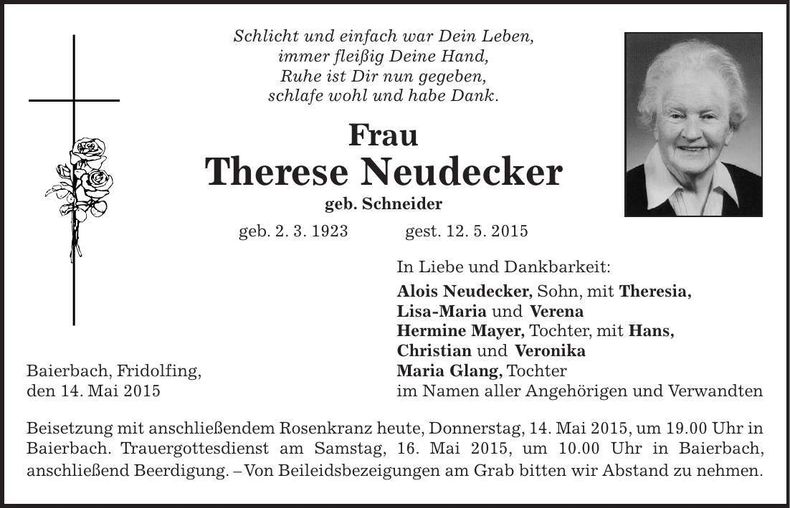 Traueranzeige Therese Neudecker