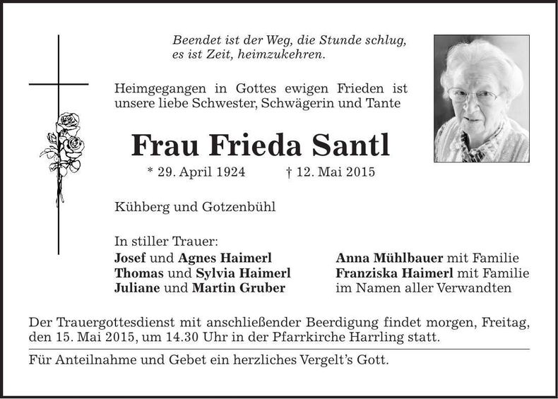 Traueranzeige Frieda Santl