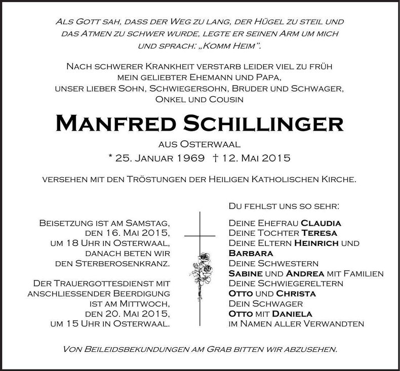 Traueranzeige Manfred Schillinger